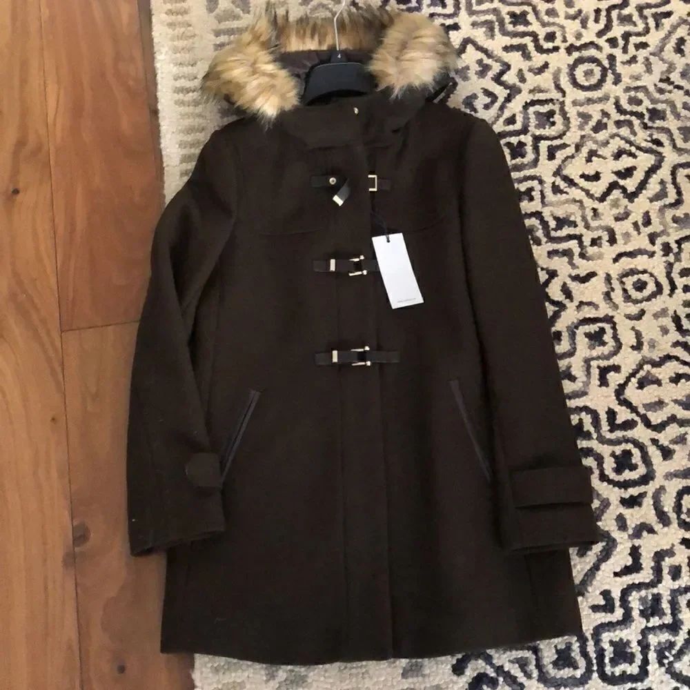 Cole Haan Women's Signature Hooded Wool Duffle Coat Brown/Loden Size 4 NWT